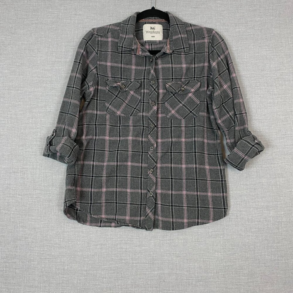 WindRiver Flannel Shirt Roll Tab Sleeves Cotton Sz Med Grey Pink Plaid